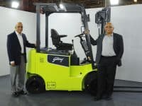 L to R: Anil Verma, Executive Director & Chief Executive Officer, Godrej & Boyce, part of the Godrej Enterprises Group 
Anil Lingayat, Executive Vice President & Business Head, Material Handling Business of Godrej & Boyce, part of the Godrej Enterprises Group
with India’s first Lithium-Ion powered forklift truck with fully Indigenous Battery Management System